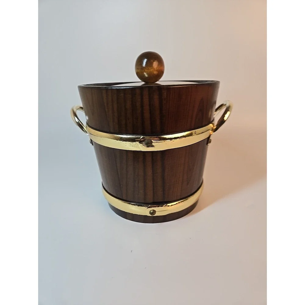 Vintage Kraftware Wood & Metal Barrel Style Ice‎ Bucket 8